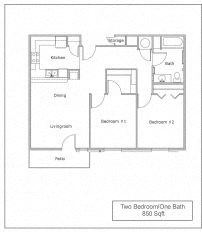 Floor plan for 2 beds, 1 bath, 848 sqft