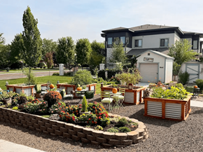 Eagle apartment for rent - A garden with a circular flower bed in the middle of a gravel area.
