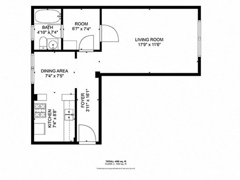 Floor plan for studio, 1 bath, 400 sqft