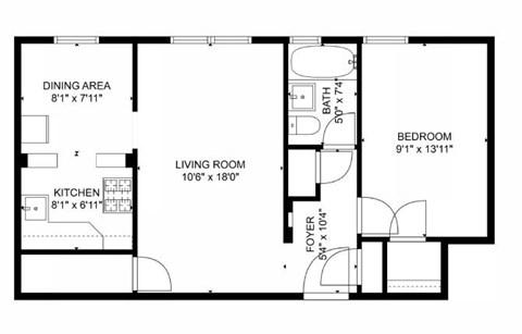 Floor plan for 1 bed, 1 bath, 600 sqft