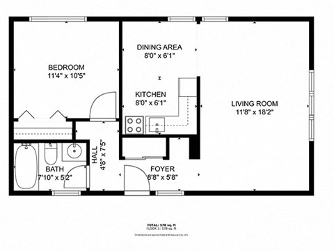 Floor plan for 1 bed, 1 bath, 650 sqft