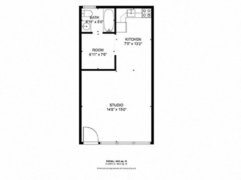 Floor plan for studio, 1 bath, 475 sqft