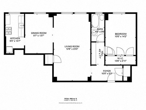 Floor plan for 1 bed, 1 bath, 600 sqft