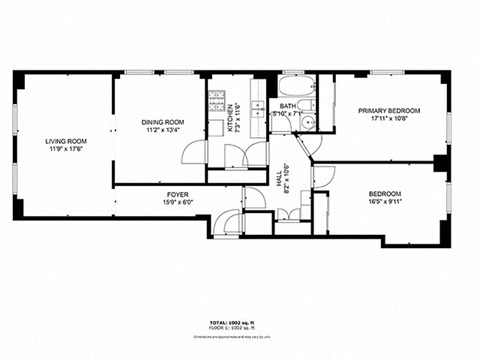 Floor plan for 2 beds, 1 bath, 800 sqft