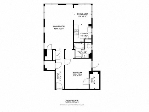 Floor plan for 1 bed, 1 bath, 600 sqft