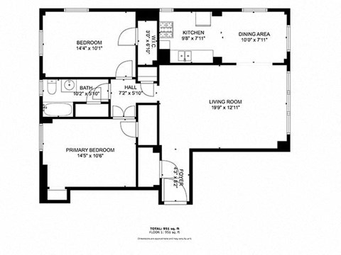 Floor plan for 2 beds, 1 bath, 800 sqft