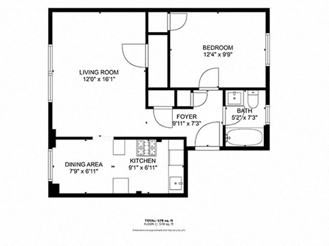 Floor plan for 1 bed, 1 bath, 600 sqft