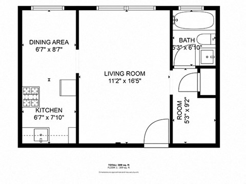Floor plan for studio, 1 bath, 500 sqft