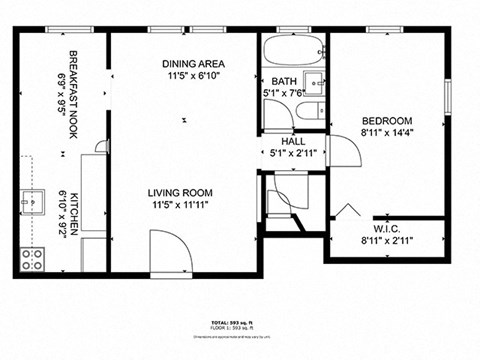 Floor plan for 1 bed, 1 bath, 600 sqft
