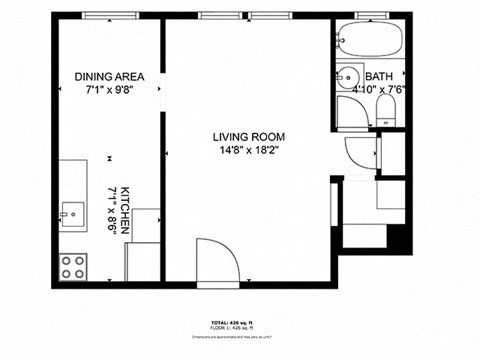 Floor plan for studio, 1 bath, 400 sqft