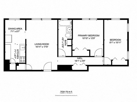 Floor plan for 2 beds, 1 bath, 700 sqft