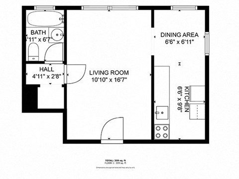 Floor plan for studio, 1 bath, 600 sqft