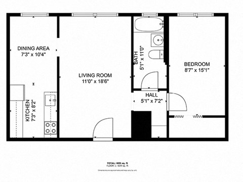 Floor plan for 1 bed, 1 bath, 500 sqft