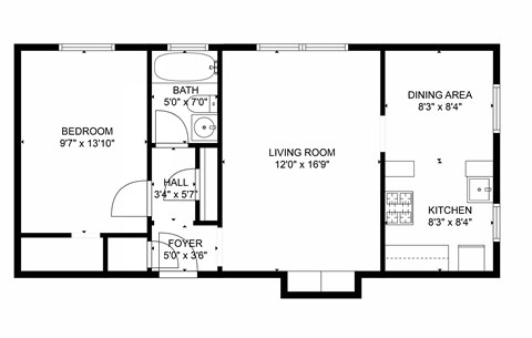 Floor plan for 1 bed, 1 bath, 720 sqft