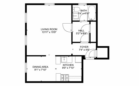 Floor plan for studio, 1 bath, 430 sqft