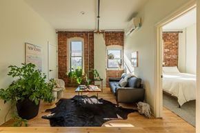 Detroit apartment for rent - A room with a black cowhide rug on the floor.