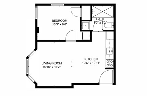 Floor plan for 1 bed, 1 bath, 480 sqft
