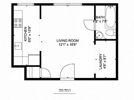 Floor plan for studio, 1 bath, 385 sqft