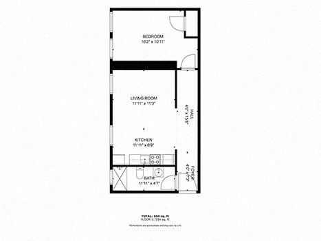 Floor plan for 1 bed, 1 bath, 515 sqft