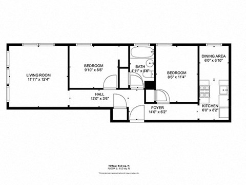 Floor plan for 2 beds, 1 bath, 615 sqft