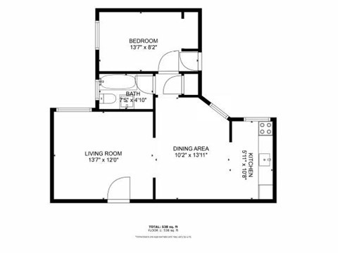 Floor plan for 1 bed, 1 bath, 555 sqft