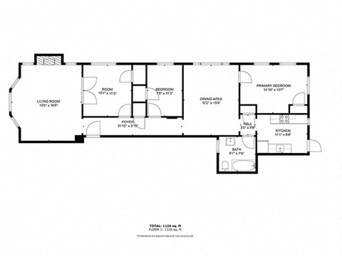 Floor plan for 2 beds, 1 bath, 1150 sqft