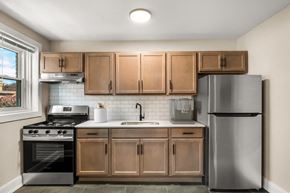 Detroit apartment for rent - A kitchen with wooden cabinets and stainless steel appliances.