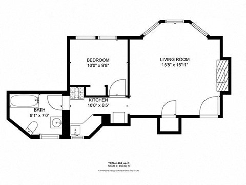 Floor plan for 1 bed, 1 bath, 445 sqft