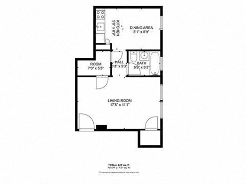 Floor plan for studio, 1 bath, 370 sqft