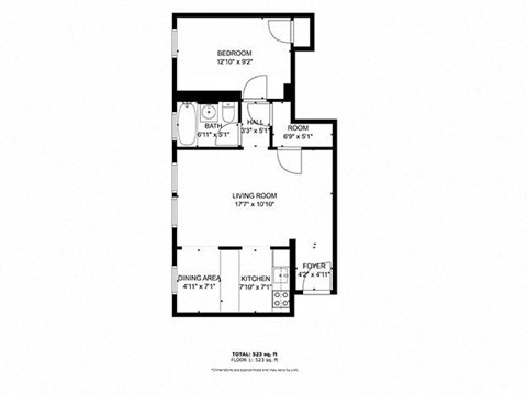 Floor plan for 1 bed, 1 bath, 520 sqft
