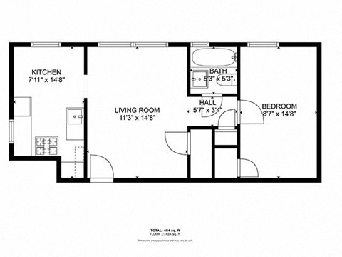Floor plan for 1 bed, 1 bath, 465 sqft