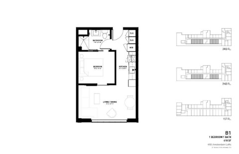 Floor plan for 1 bed, 1 bath, 410 sqft
