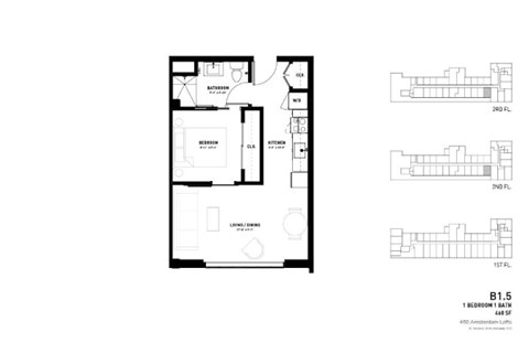 Floor plan for 1 bed, 1 bath, 460 sqft