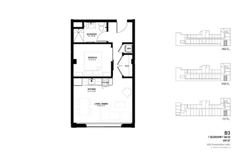 Floor plan for 1 bed, 1 bath, 485 sqft