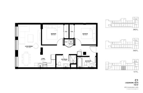 Floor plan for 2 beds, 2 baths, 740 sqft