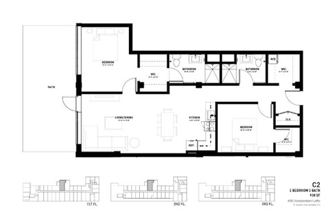 Floor plan for 2 beds, 2 baths, 930 sqft
