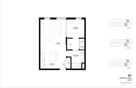 Floor plan for 1 bed, 1 bath, 540 sqft