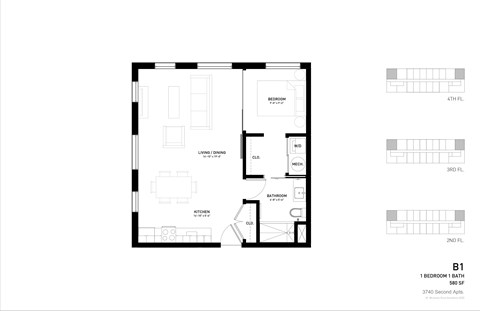 Floor plan for 1 bed, 1 bath, 580 sqft