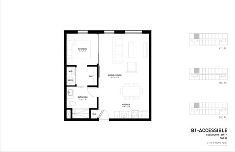 Floor plan for 1 bed, 1 bath, 540 sqft
