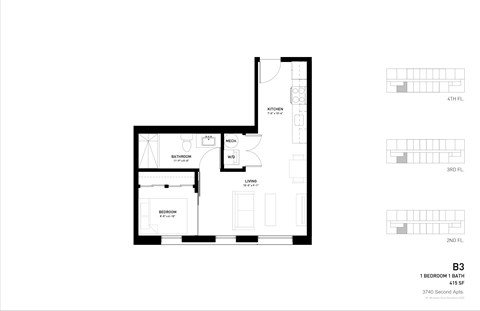 Floor plan for 1 bed, 1 bath, 415 sqft