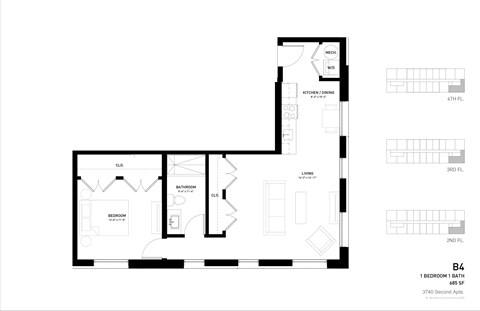 Floor plan for 1 bed, 1 bath, 685 sqft