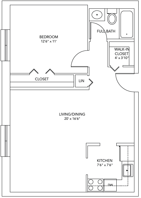 Floor plan for 1 bed, 1 bath, 660 sqft