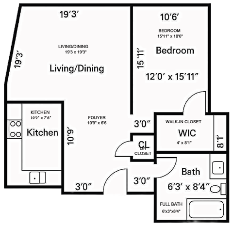 Floor plan for 1 bed, 1 bath, 715 sqft
