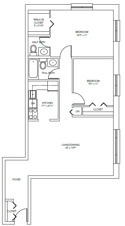Floor plan for 2 beds, 1.5 baths, 815 sqft