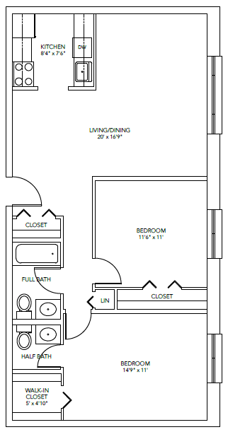 Floor plan for 2 beds, 1.5 baths, 902 sqft