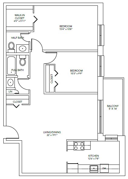 Floor plan for 2 beds, 1.5 baths, 998 sqft