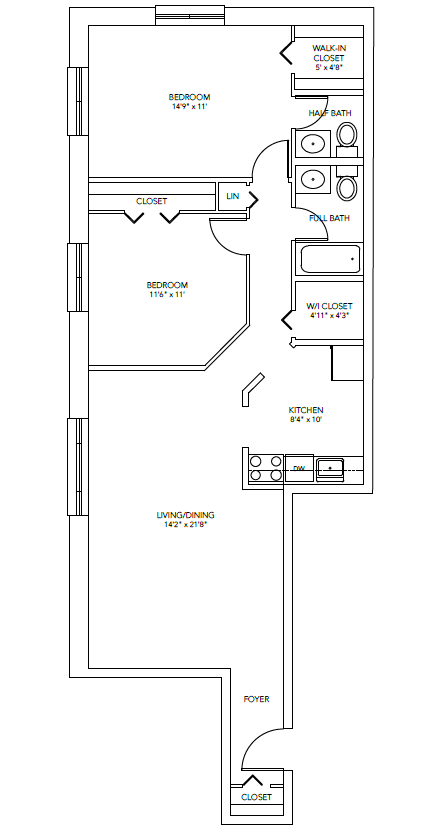 Floor plan for 2 beds, 1.5 baths, 1096 sqft