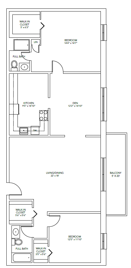 Floor plan for 2 beds, 2 baths, 1388 sqft