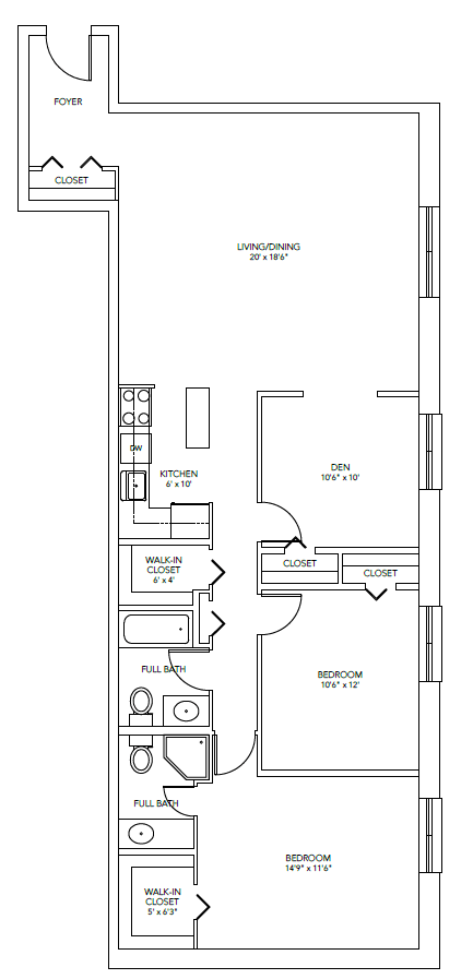 Floor plan for 3 beds, 2 baths, 1214 sqft