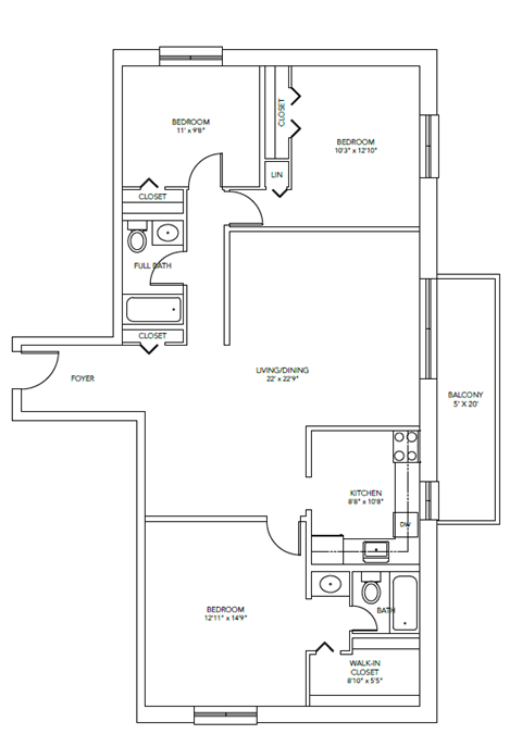 Floor plan for 3 beds, 2 baths, 1225 sqft